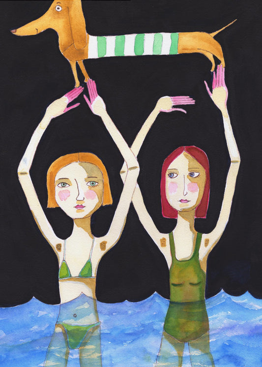 Swimming Girls with Sausage Dog | Poster