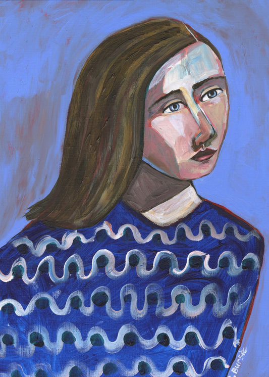 Woman in Blue Sweater Naive Portrait Figurative | Poster
