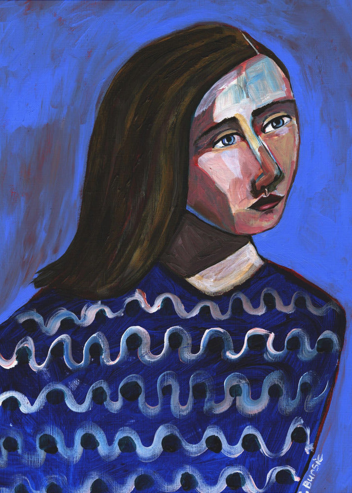 Woman in Blue Sweater Naive Portrait Figurative | Canvas