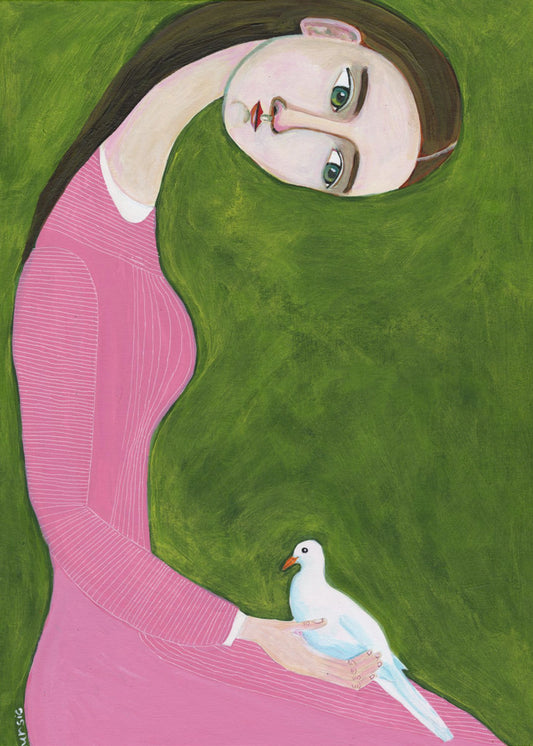 Girl with Dove sitting with pink dress | Poster