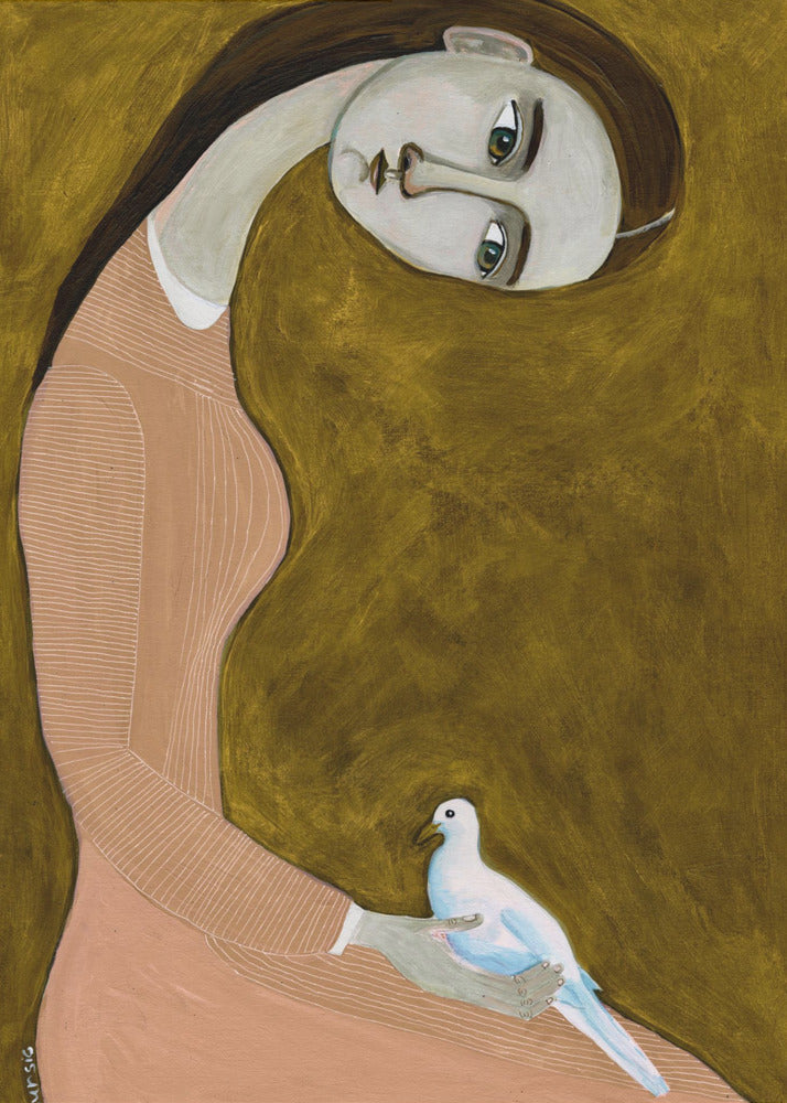 Girl with Dove sitting with pink dress | Canvas