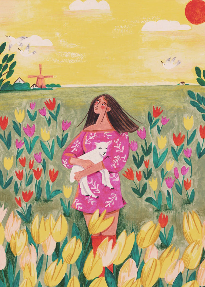 Woman in spring tulip field | Poster