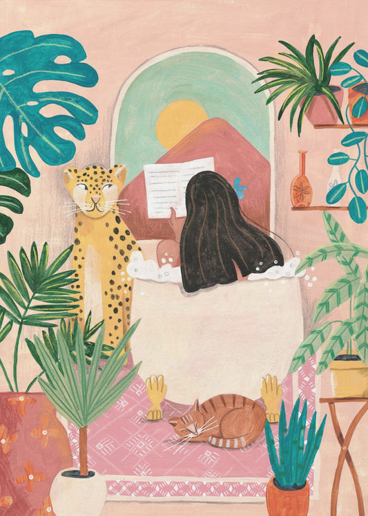 Woman taking bath in pink tropical bathroom | Canvas