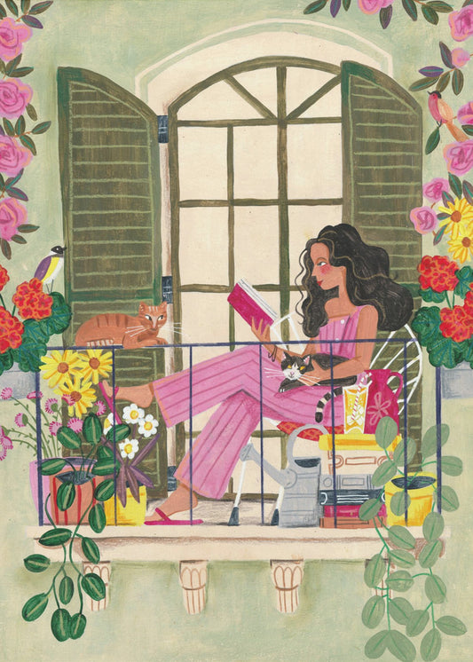 Woman reads on balcony | Canvas