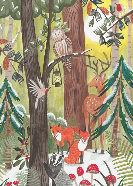 Green Christmas forest with animals | Poster