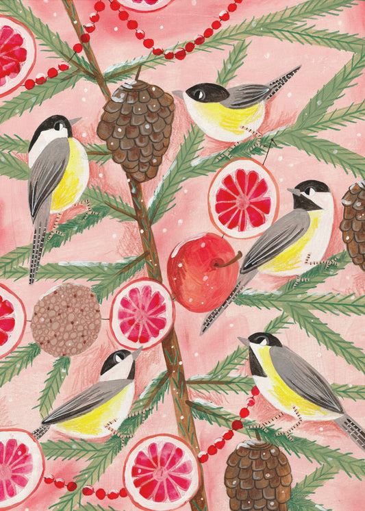 Winter birds Tits in the pine tree at Christmas | Poster