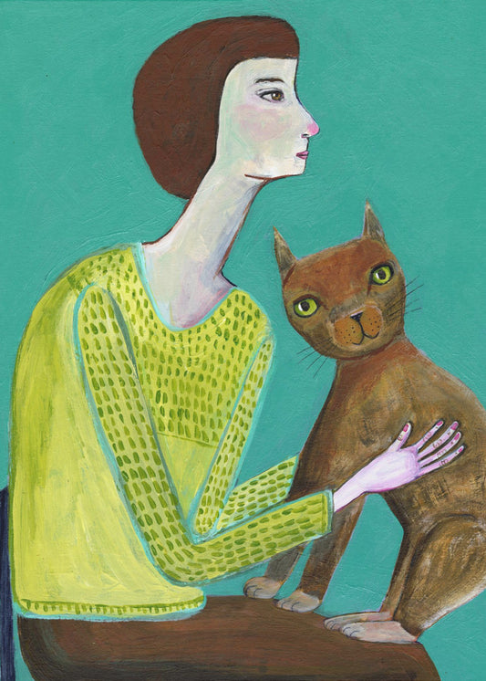Lady Sitting with Brown Cat Cat Lover | Canvas