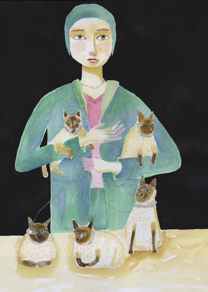 Lady with Five Siamese Cats | Canvas