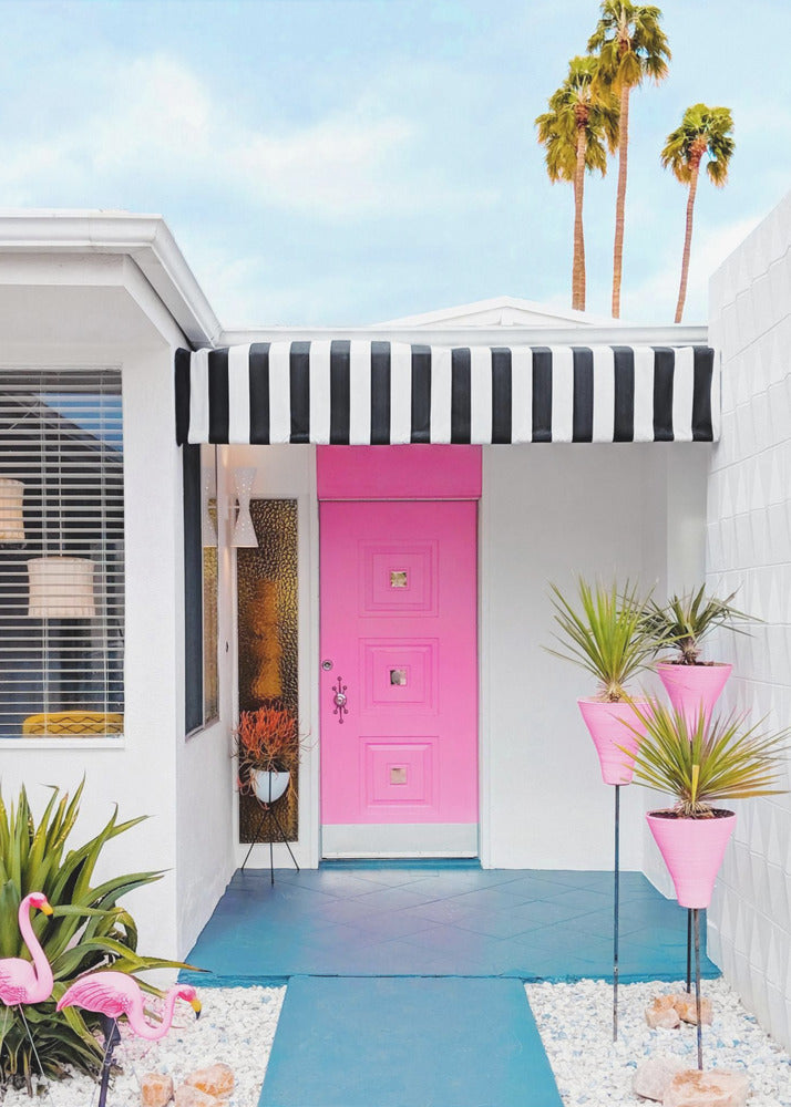 Pink Door with Yard Flamingos | Poster