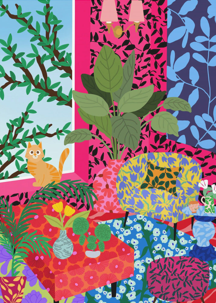 Cat in Flower Power Livingroom | Poster