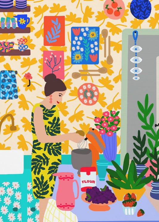 A Woman In A Kitchen With Flowers | Canvas