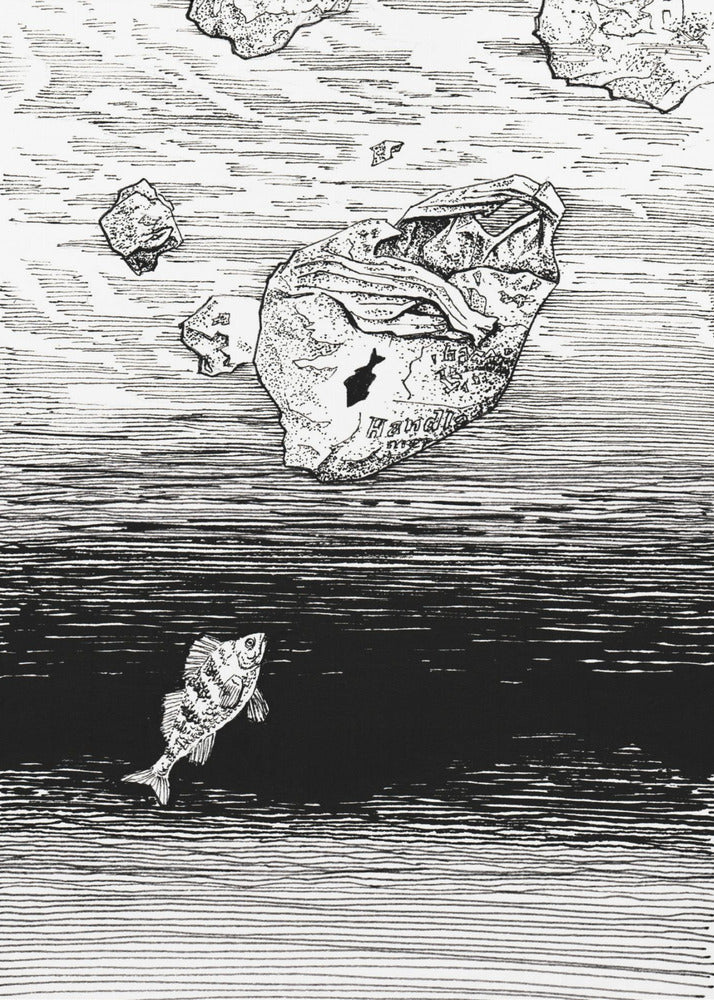 Midless. A Fish in the Plastic Sea Ink Drawing. | Poster