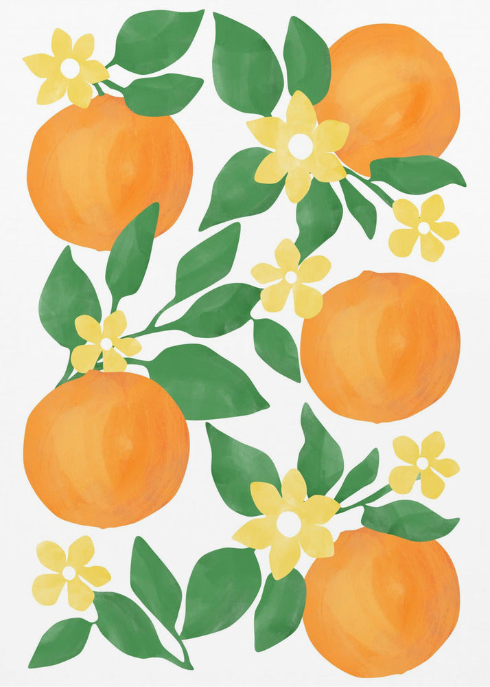 Oranges with Green Leaves and Delicate Yellow Flowers | Poster
