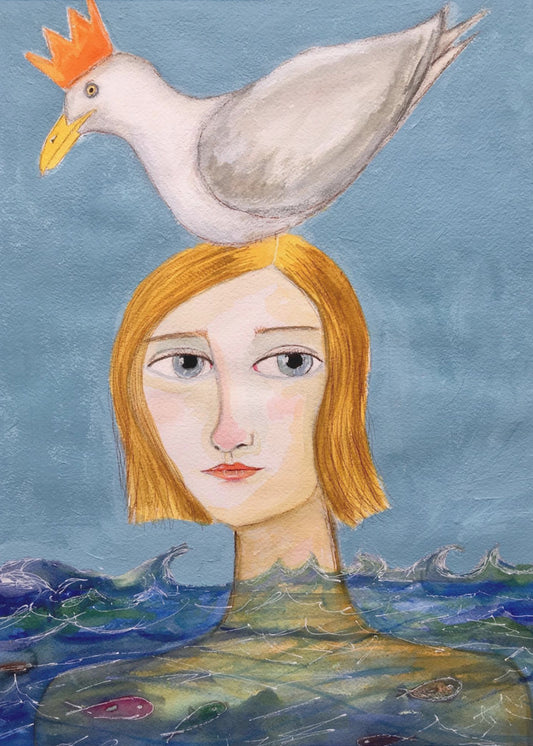 Lady swimmer with seagull | Poster