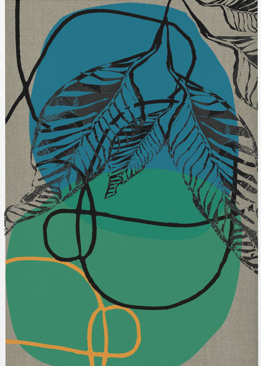 Woodblock Leaf Teal Orange Green Abstract 1 Final | Poster
