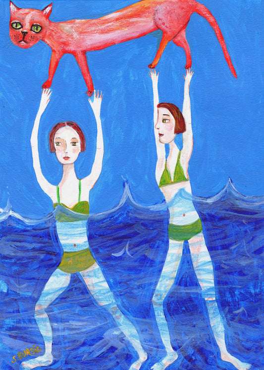 Two swimmers with pink cat | Poster