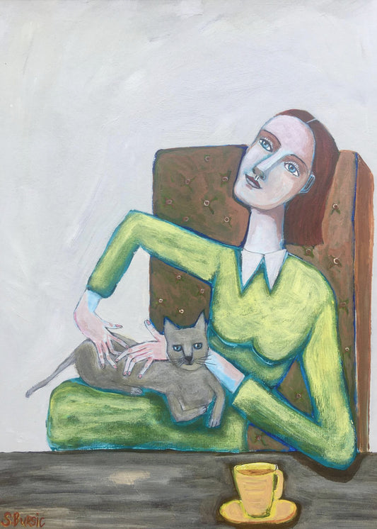 Lady tickling grey cat in chair | Poster