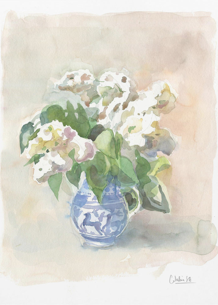 White lilacs in a vase watercolor. | Poster