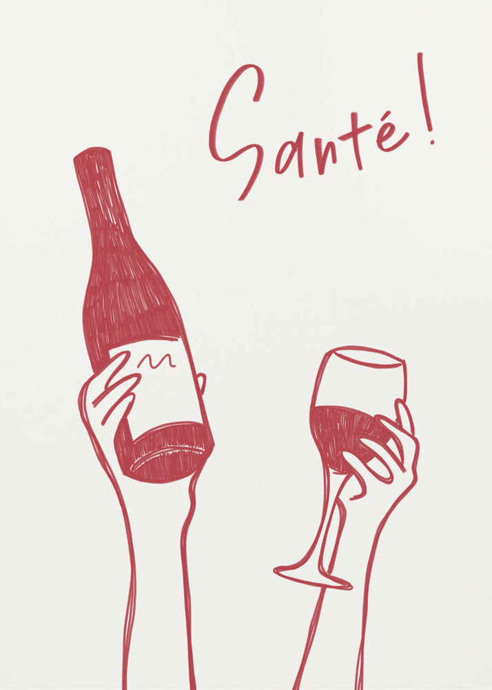 Hands holding a wine bottle and a wine glass with the text &quot;Cheers!&quot; in French | Canvas