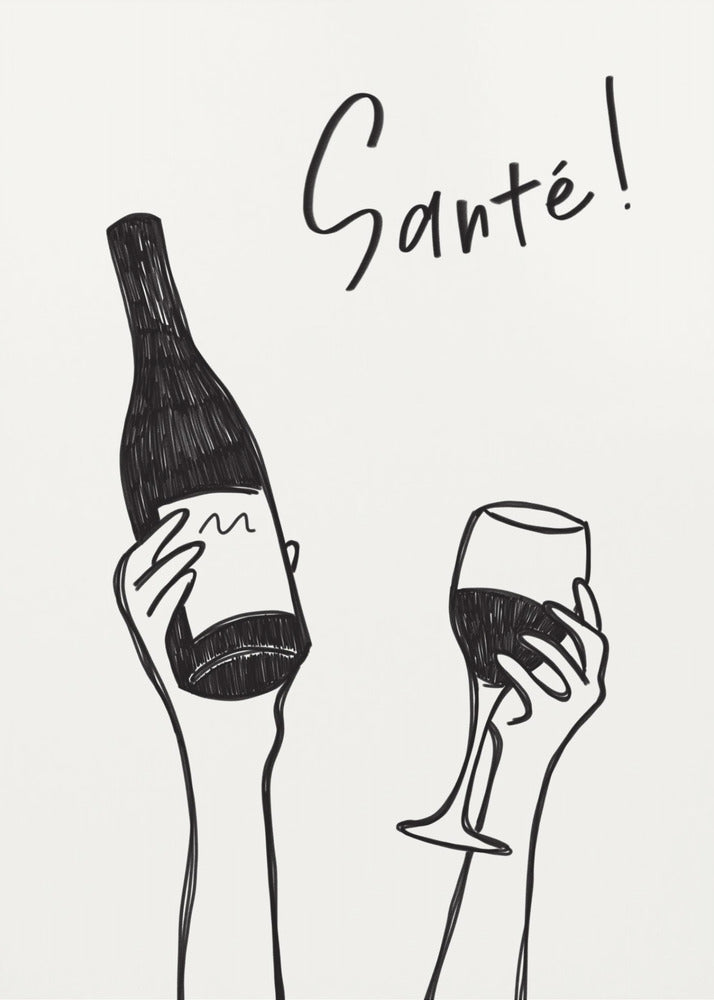 Hands holding a wine bottle and a wine glass with the text &quot;Cheers!&quot; in French | Canvas