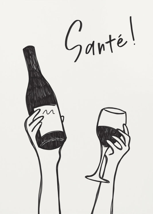 Hands holding a wine bottle and a wine glass with the text &quot;Cheers!&quot; in French | Canvas