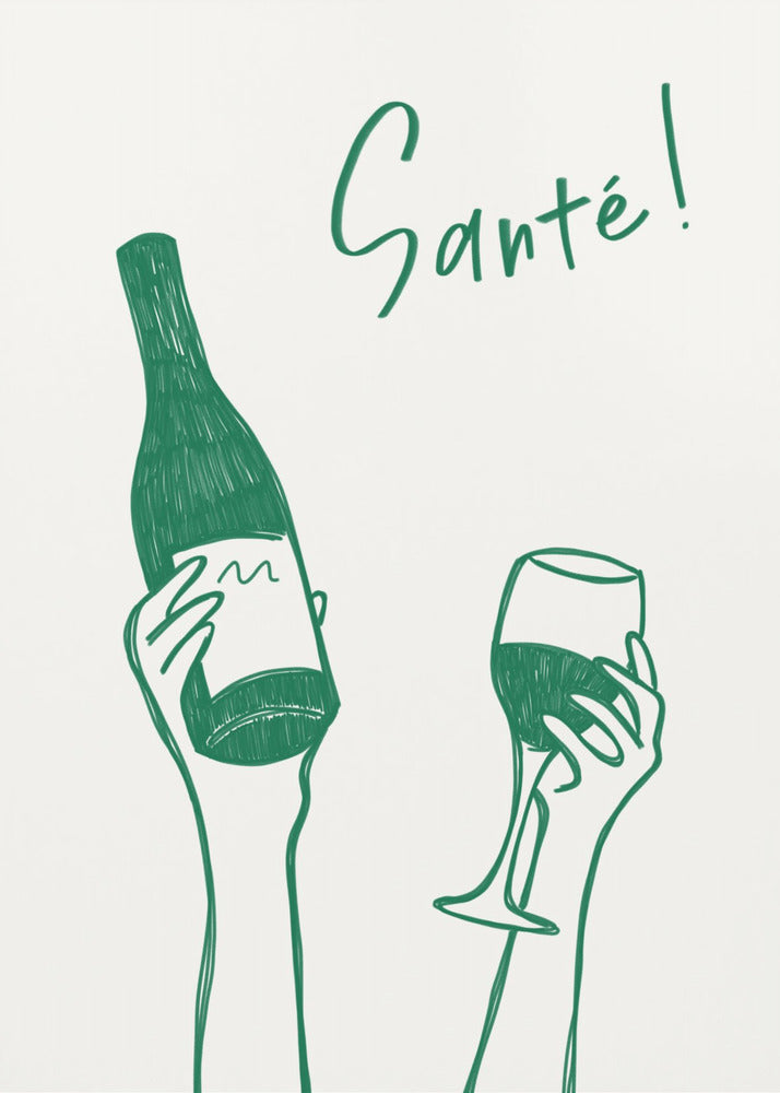 Hands holding a wine bottle and a wine glass with the text &quot;Cheers!&quot; in French | Canvas