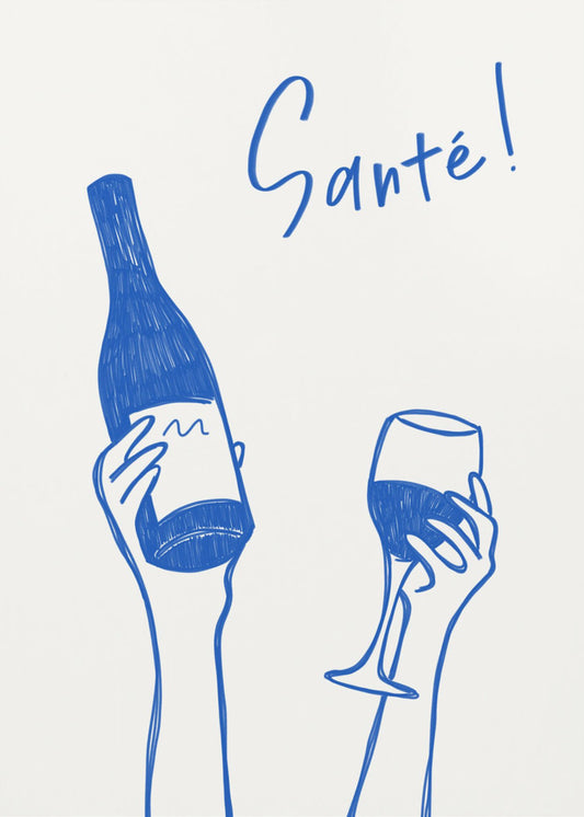 Hands holding a wine bottle and a wine glass with the text &quot;Cheers!&quot; in French | Canvas