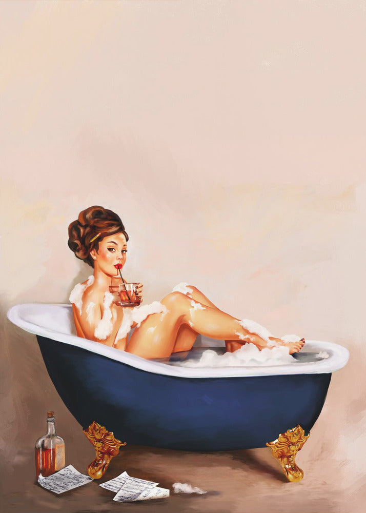 Bathtub Drinks: Pinup Girl Drinking In Bathroom | Poster