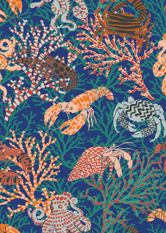 Vibrant coral reef blue and orange pattern | Poster