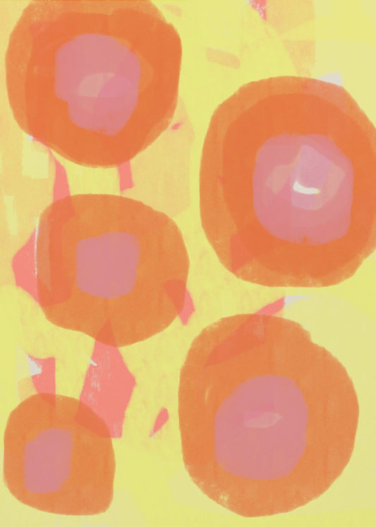 Abstract Painting. Boho roses in orange and pink on yellow. | Canvas