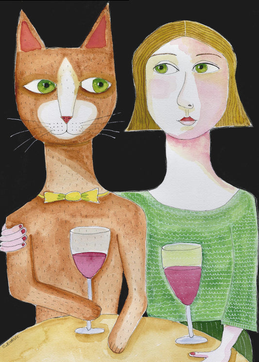 Best Friends Cat and Lady drinking wine | Canvas