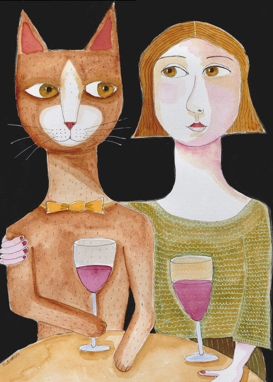 Best Friends Cat and Lady drinking wine | Canvas
