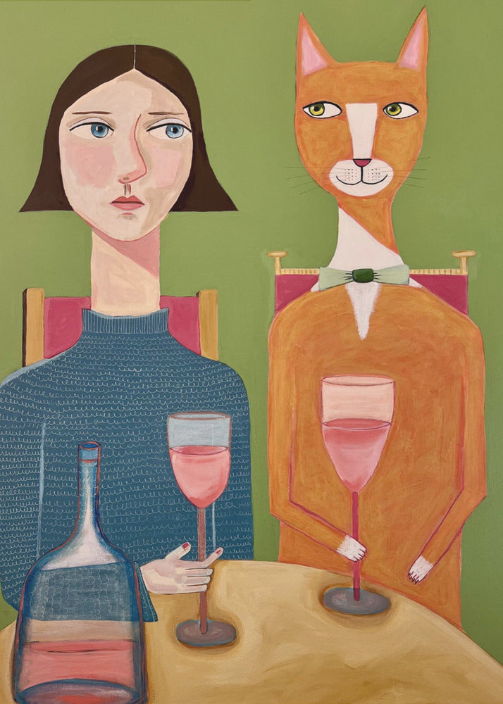 Lady and Cat Drinking Wine | Canvas