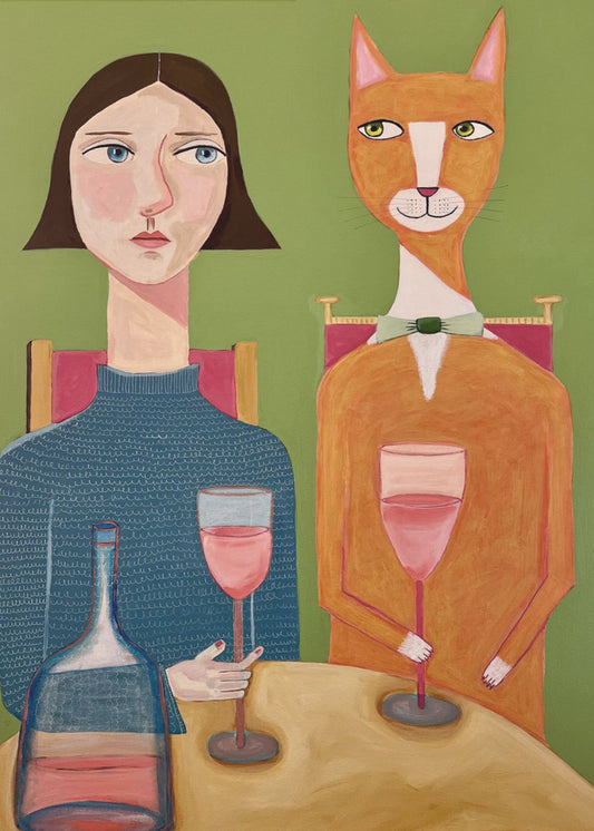 Lady and Cat Drinking Wine | Canvas