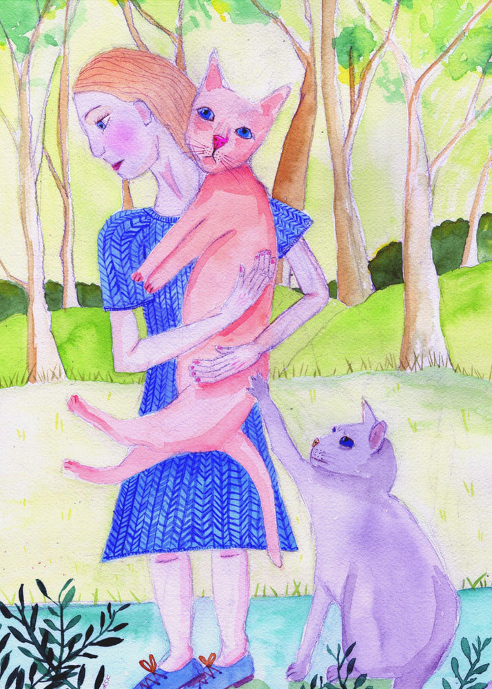 Lady with the pink and blue cat. | Canvas