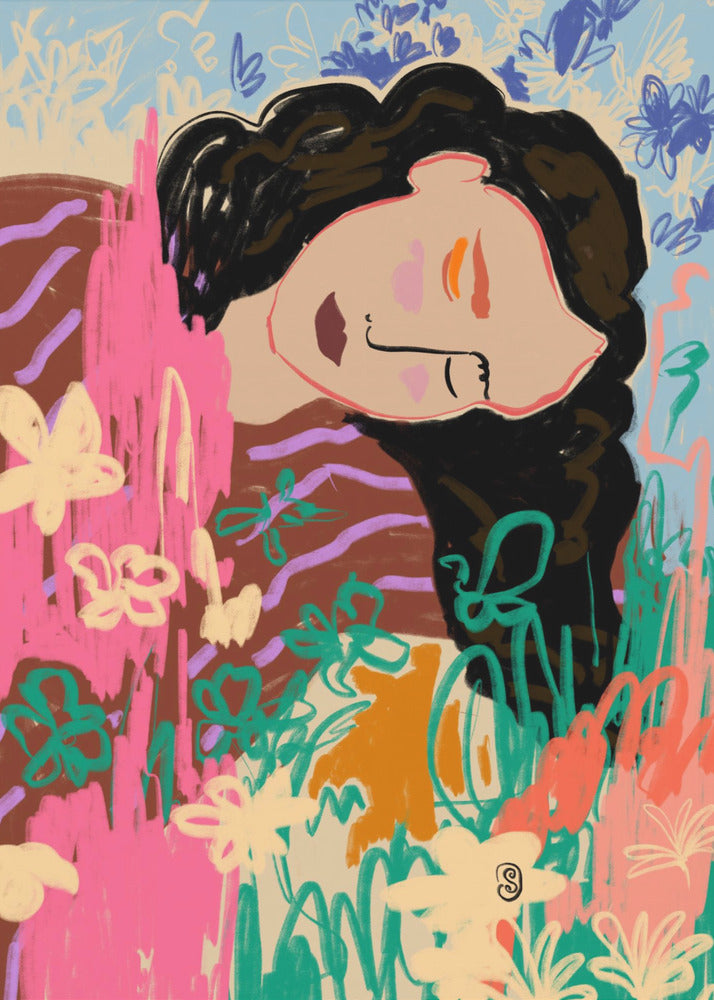 Expressive Figure Surrounded By Colorful Flowers | Canvas