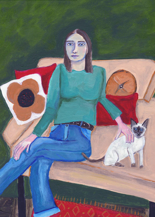 Lady sitting with Siamese Cat | Poster