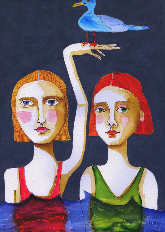 Swimming Girls with Blue Seagul. | Canvas