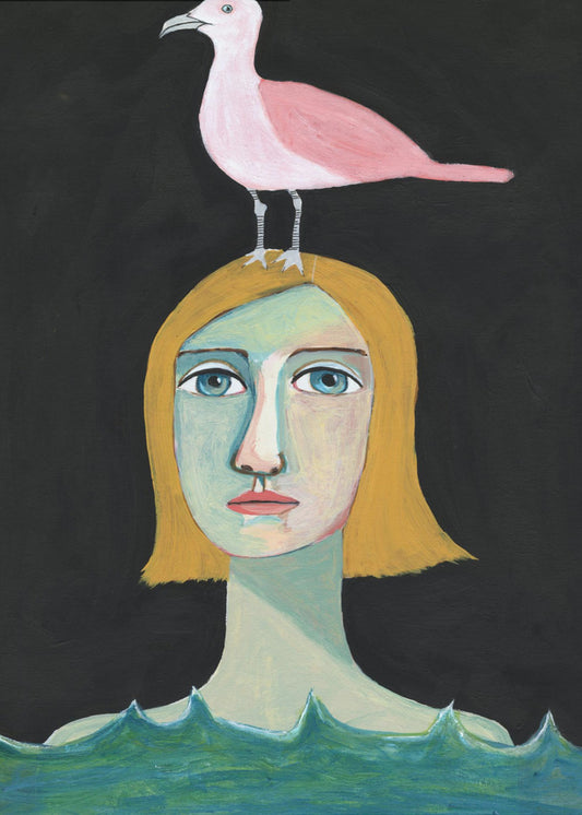 Swimming Girl with Pink Seagull | Poster