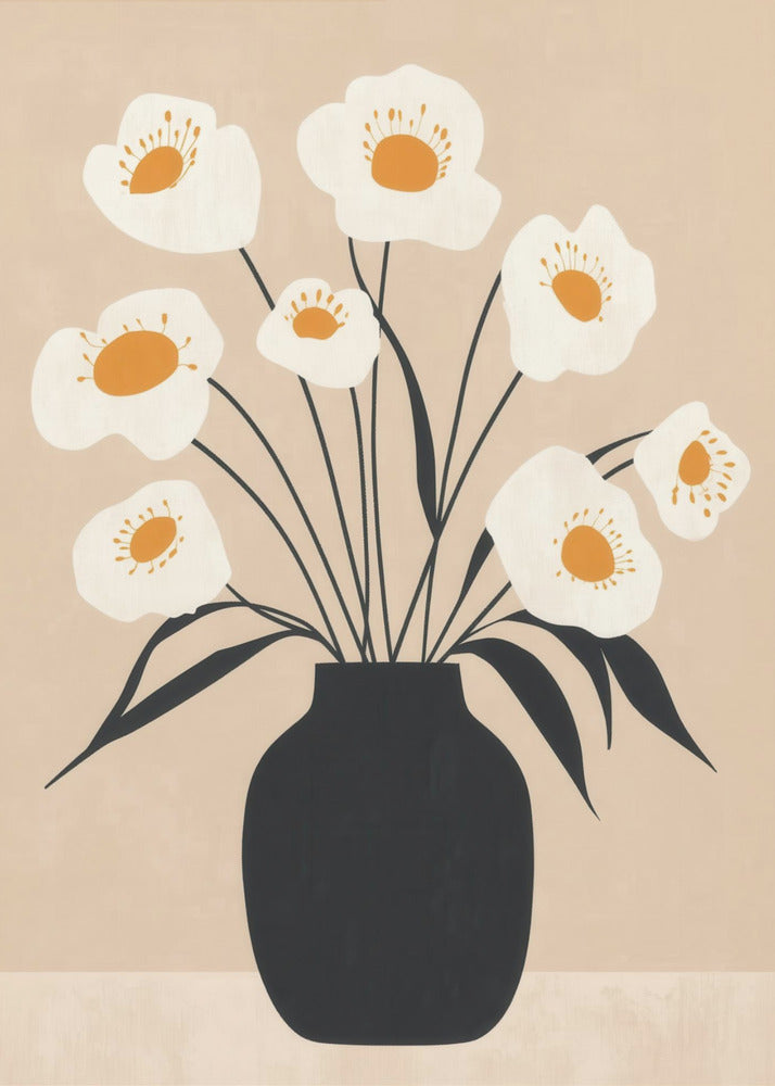 White Flowers in Black Vase | Poster