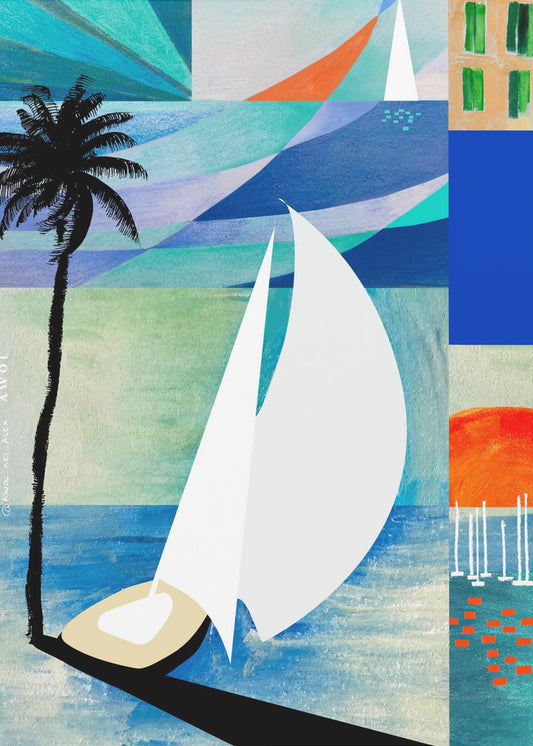 Colourful Mediterranean Travel Art Print With Sunrise And Palm Tree | Poster