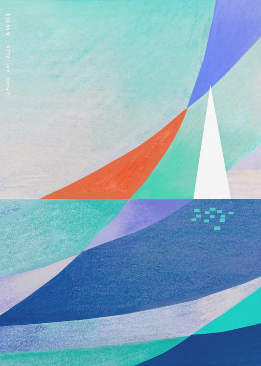 Abstract Ocean Art With Minimalist White Sailboat On The Sea | Poster