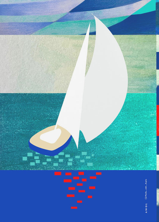White Sailboat With Reflections, Abstract Sea Art With Graphic Stripes | Poster