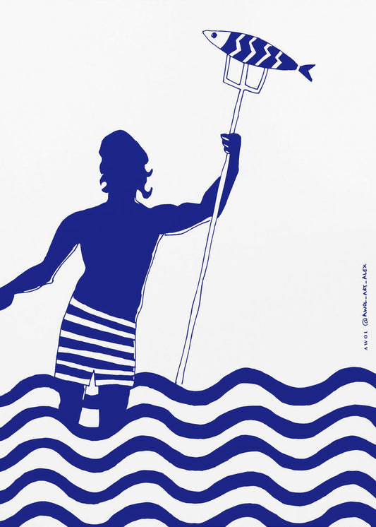 Modern Greek God Poseidon, Nautical Beach Art Print With Man Fishing In The Sea | Poster