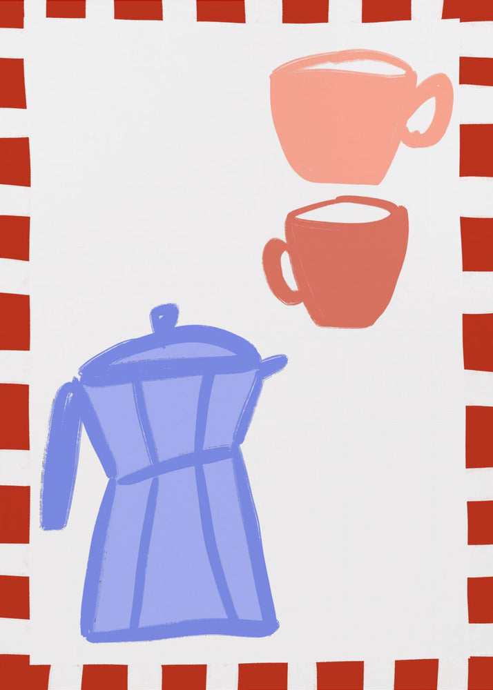 Minimalist Blue Coffee Pot and Two Pink Cups | Poster