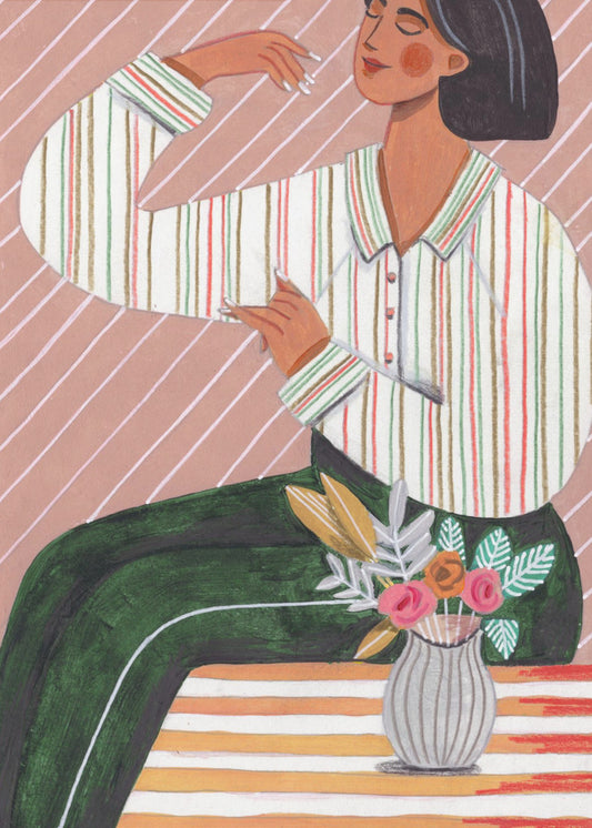 Woman in Stripes Shirt and Green Pants | Poster