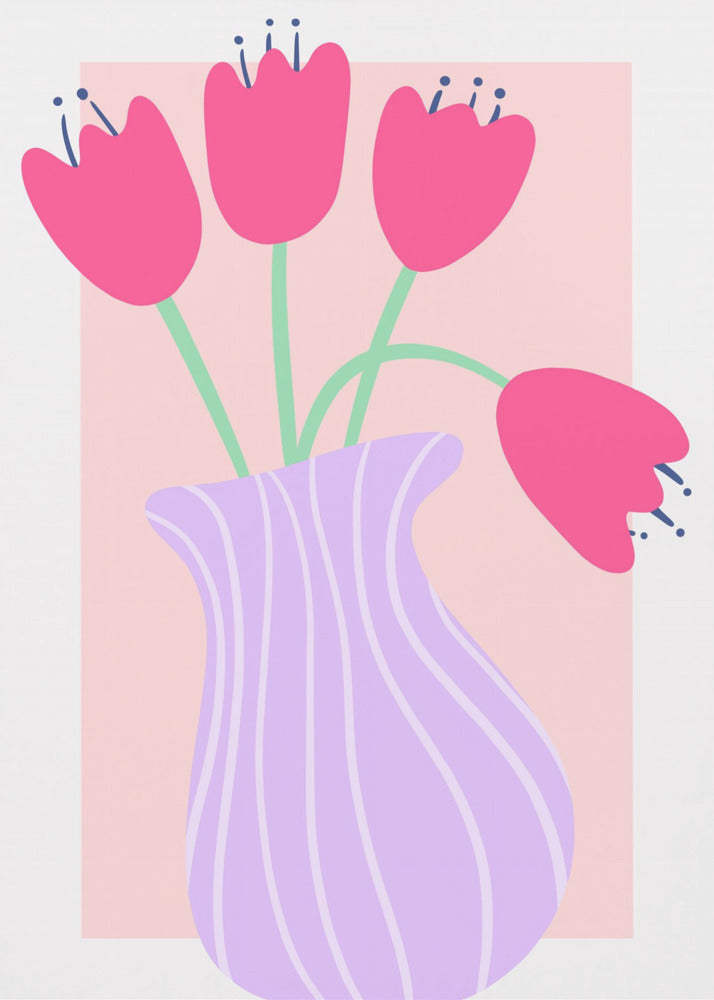 Vibrant Tulips in a Striped Lavender Vase | Canvas