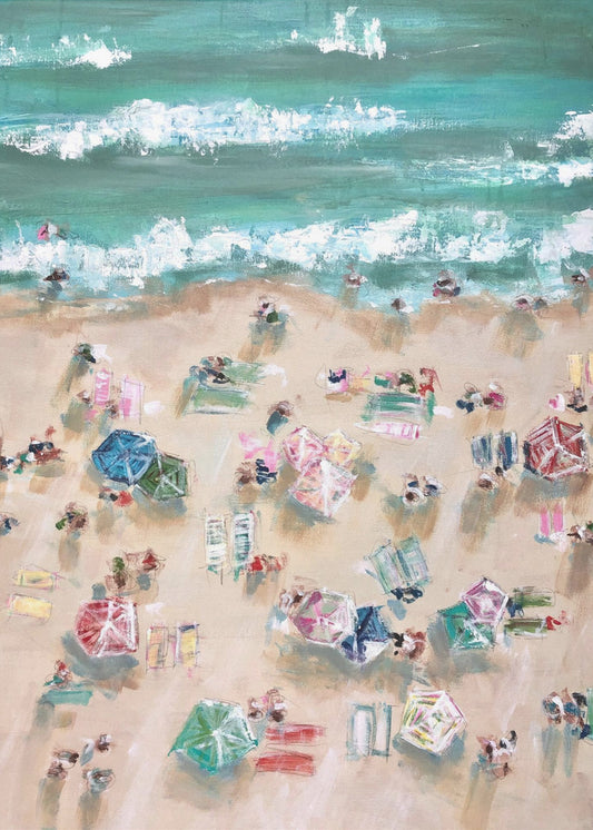 Colorful Umbrellas and Sunbathers on a Sandy Shore | Poster