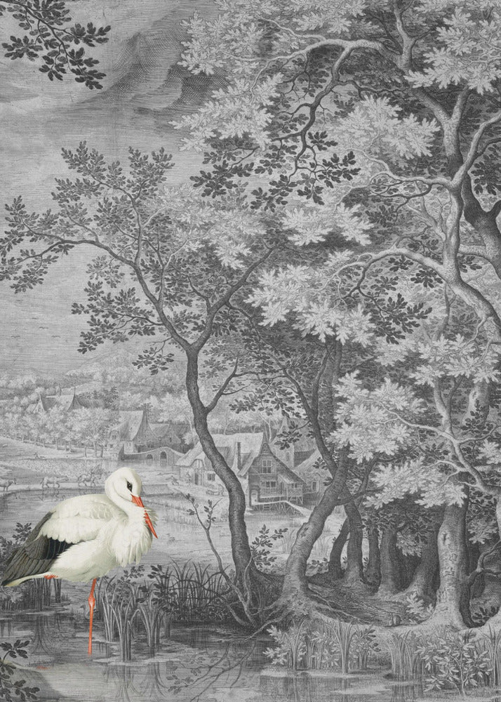 Vintage Landscape With Stork | Canvas
