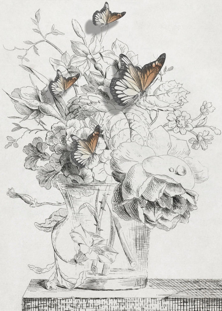 The Butterflies &amp; The Vase With Flowers | Canvas